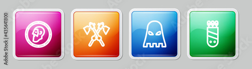 Set line Ancient coin, Crossed medieval axes, Executioner mask and Quiver with arrows. Colorful square button. Vector