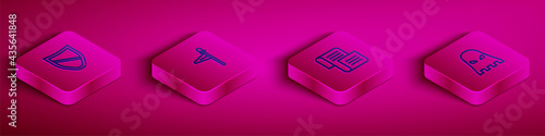 Set Isometric line Shield, Medieval flag, Decree, parchment, scroll and Executioner mask icon. Vector