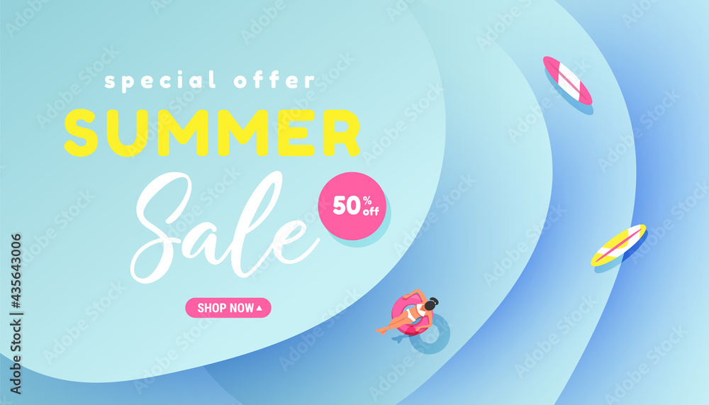 End of season summer sale banner with minimal marine forms and text. Vector illustration for advertising goods and services