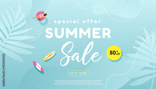Creative summer sale banner in trendy bright colors with tropical leaves and discount text. Season promotion gradient illustration.