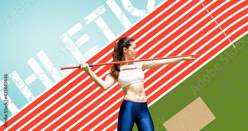 Animation of female athlete throwing javelin over athletics text and stadium photo