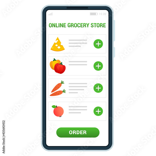 Online grocery store concept. Illustration of a mobile phone with grocery shopping app isolated on white background. Vector 10 EPS.