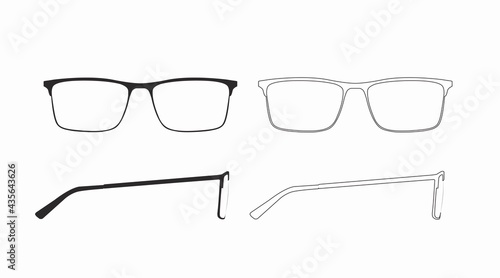 Vector isolated Illustration of a Women Glasses Frame. Black glasses Frame Front and Side View
