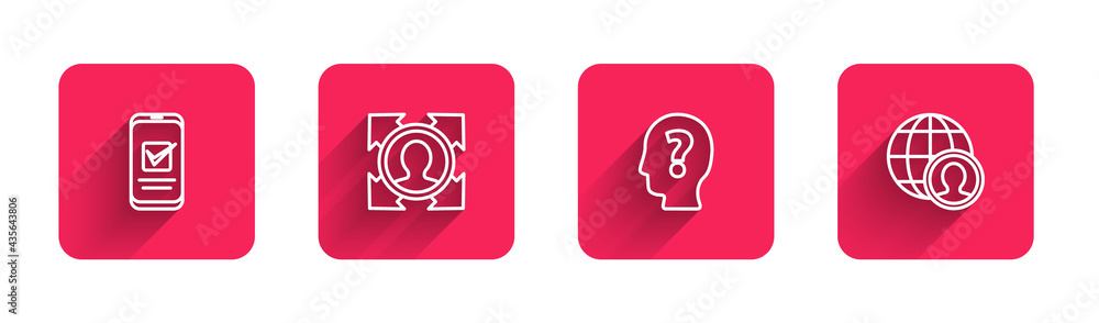 Set line Smartphone, Head hunting, with question mark and Globe and people with long shadow. Red square button. Vector Set line Smartphone, Head hunting, with question mark and Globe and people with long shadow. Red square button. Vector