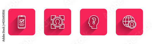 Set line Smartphone, Head hunting, with question mark and Globe and people with long shadow. Red square button. Vector