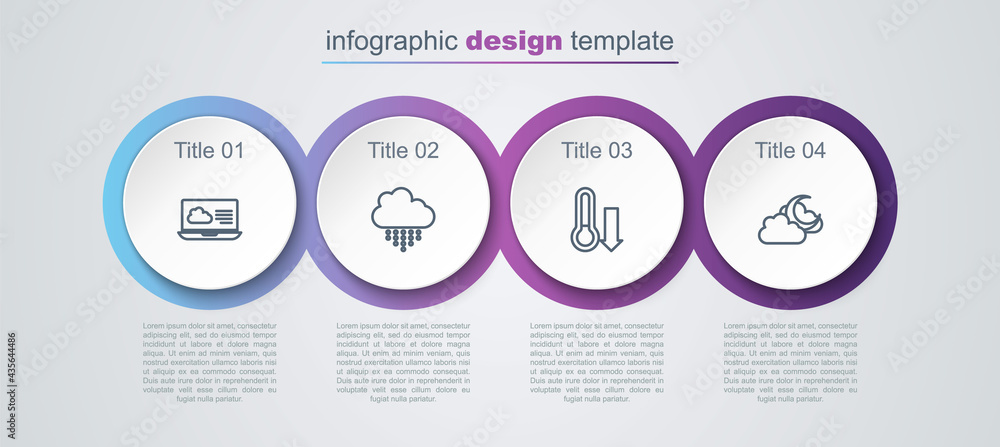 Set line Weather forecast, Cloud with rain, Meteorology thermometer and moon. Business infographic template. Vector Set line Weather forecast, Cloud with rain, Meteorology thermometer and moon. Business infographic template. Vector