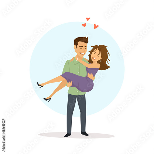 man lifting woman, carrying girlfriend in arms, funny romantic couple vector illustration