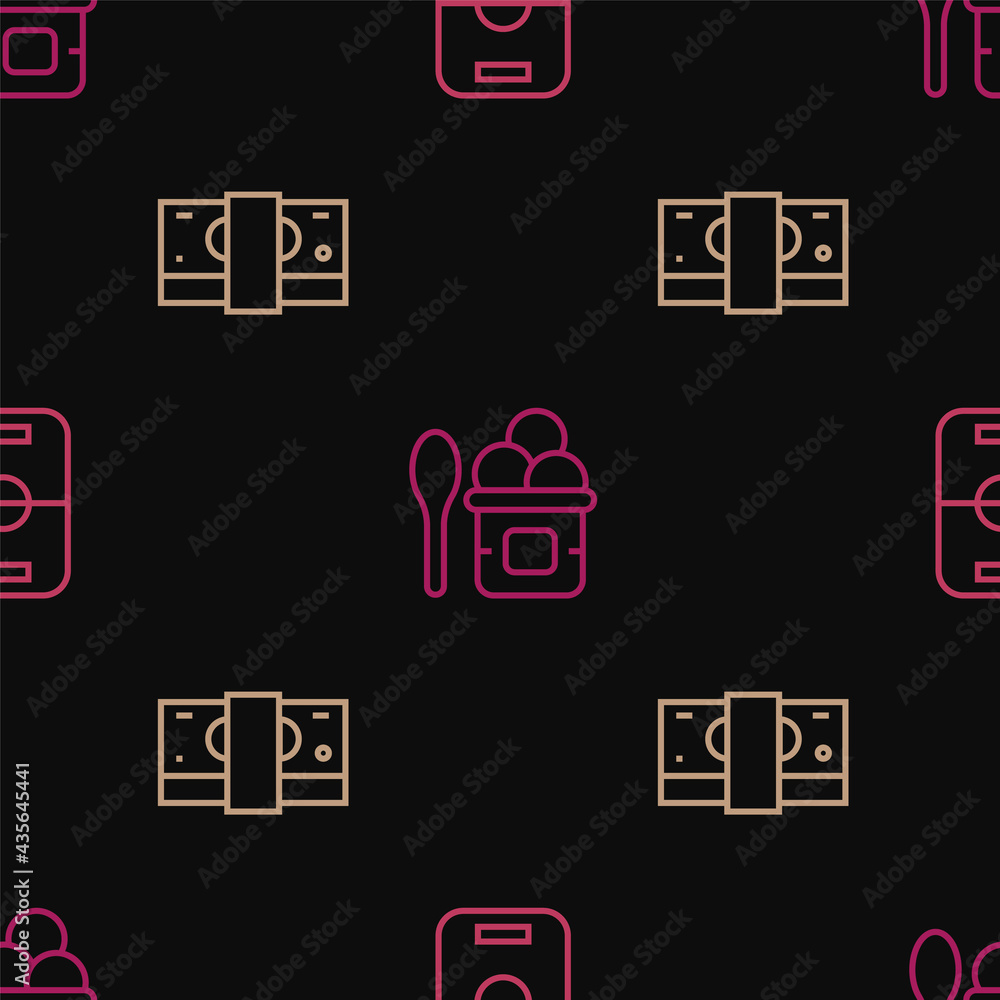 Set line Hockey table, Stacks paper money cash and Ice cream in bowl on seamless pattern. Vector Set line Hockey table, Stacks paper money cash and Ice cream in bowl on seamless pattern. Vector