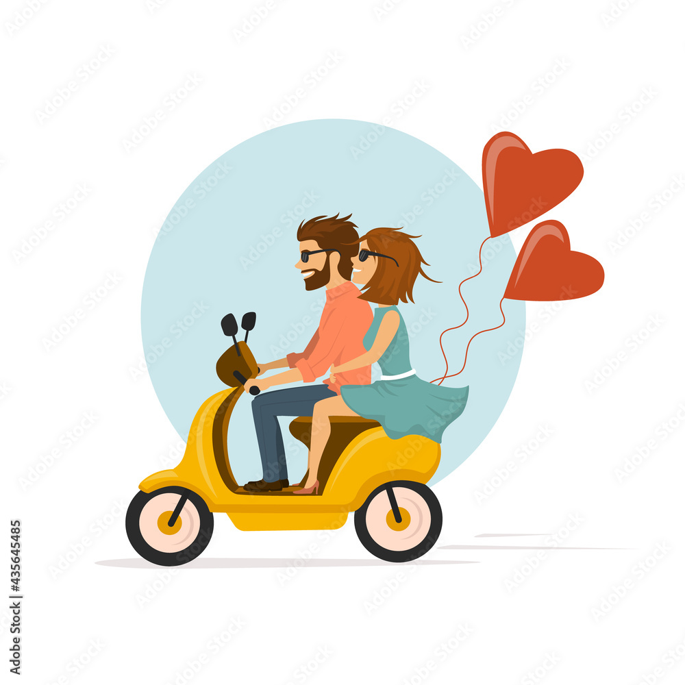 happy romantic cheerful couple riding scooter with heart shaped balloons happy romantic cheerful couple riding scooter with heart shaped balloons