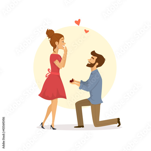 cute couple in love, man proposing to the woman kneeling vector illustration