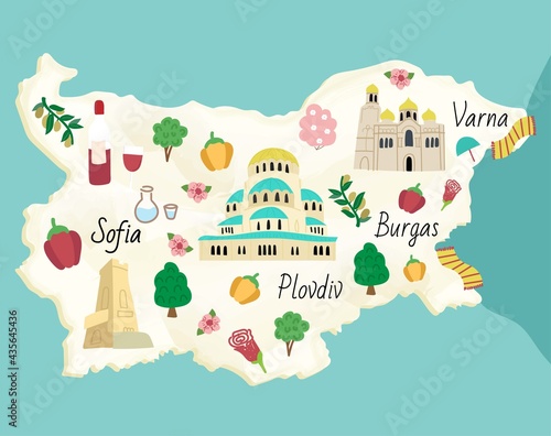 Illustrated map of Bulgaria. Famous landmarks temple, cathedral, rose , rakia and monument Shipka.