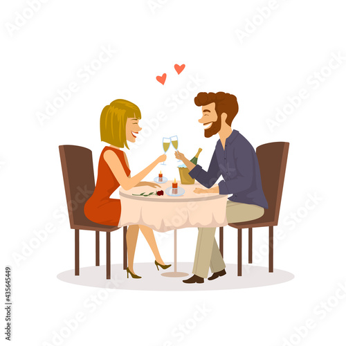 happy cheerful couple in love on a romantic date in the restaurant having dinner isolated vector illustration