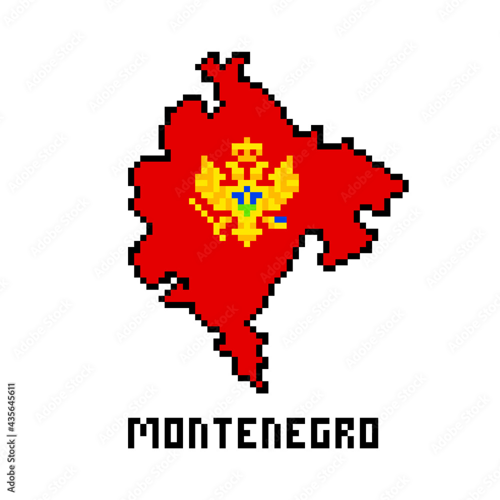 2d 8 bit pixel art Montenegro map covered with flag isolated on white background. Old school vintage retro 80s, 90s platform computer, video game graphics. Slot machine design element.