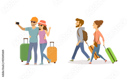 cheerful young couple , man and woman traveling with suitcases