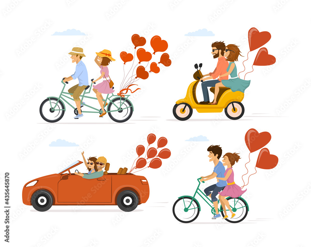 collection set of couples in love on a date on the roadtrip, having ride with bike, tandem bicycle, scooter and car with festive balloons collection set of couples in love on a date on the roadtrip, having ride with bike, tandem bicycle, scooter and car with festive balloons