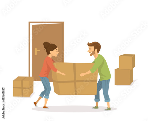 happy cheerful couple man and woman moving in together in a new house, carry boxes