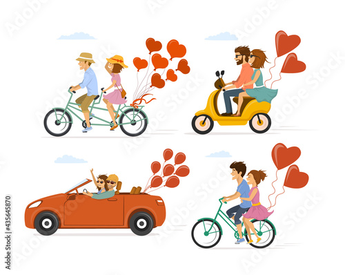 collection set of couples in love on a date on the roadtrip, having ride with bike, tandem bicycle, scooter and car with festive balloons