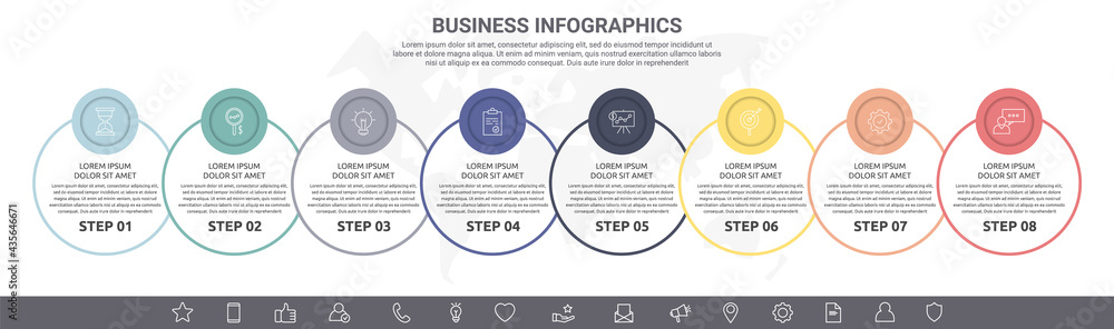 Modern and line vector infographic with icons and 8 steps. Circles with thin lines for the application, website, interface, chart, levels, diagram, banner, presentations on a white isolated background Modern and line vector infographic with icons and 8 steps. Circles with thin lines for the application, website, interface, chart, levels, diagram, banner, presentations on a white isolated background