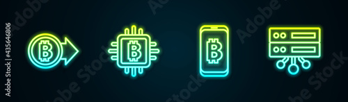 Set line Bitcoin, CPU mining farm, Mining bitcoin from mobile and Server. Glowing neon icon. Vector