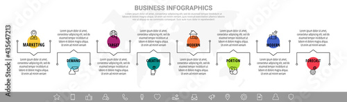Modern and line vector infographic with circles and eight steps. Icons with thin lines for the app, website, interface, chart, levels, web, diagram, banner, presentations on white isolated background