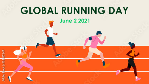 Global running day. Different skin color people in a sports uniform jogs through the stadium. Sport training. Vector illustration design with lettering for poster, banner, greeting card. Eps 10