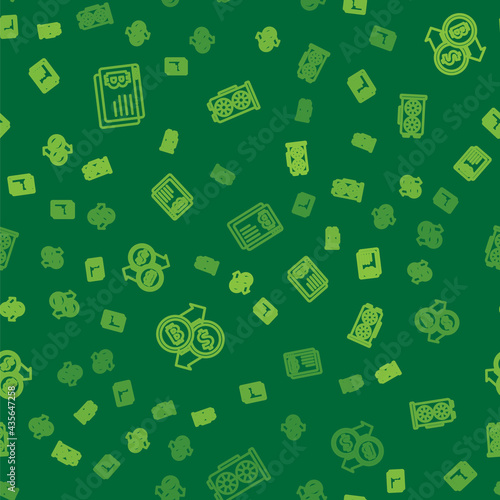 Set line Bitcoin in browser, Cryptocurrency exchange and Video graphic card on seamless pattern. Vector