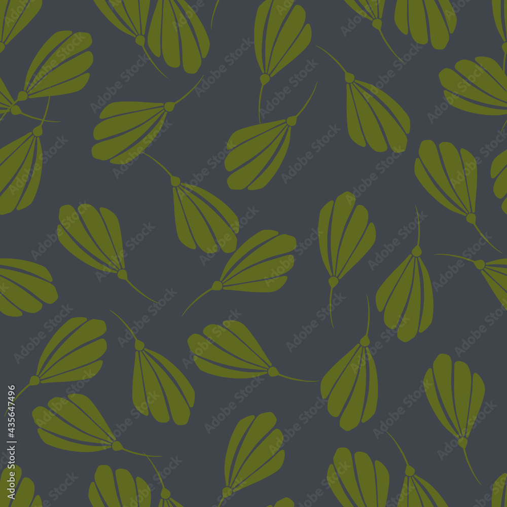 Dark floral seamless pattern with random green flowers silhouettes ornament. Navy blue background. Dark floral seamless pattern with random green flowers silhouettes ornament. Navy blue background.