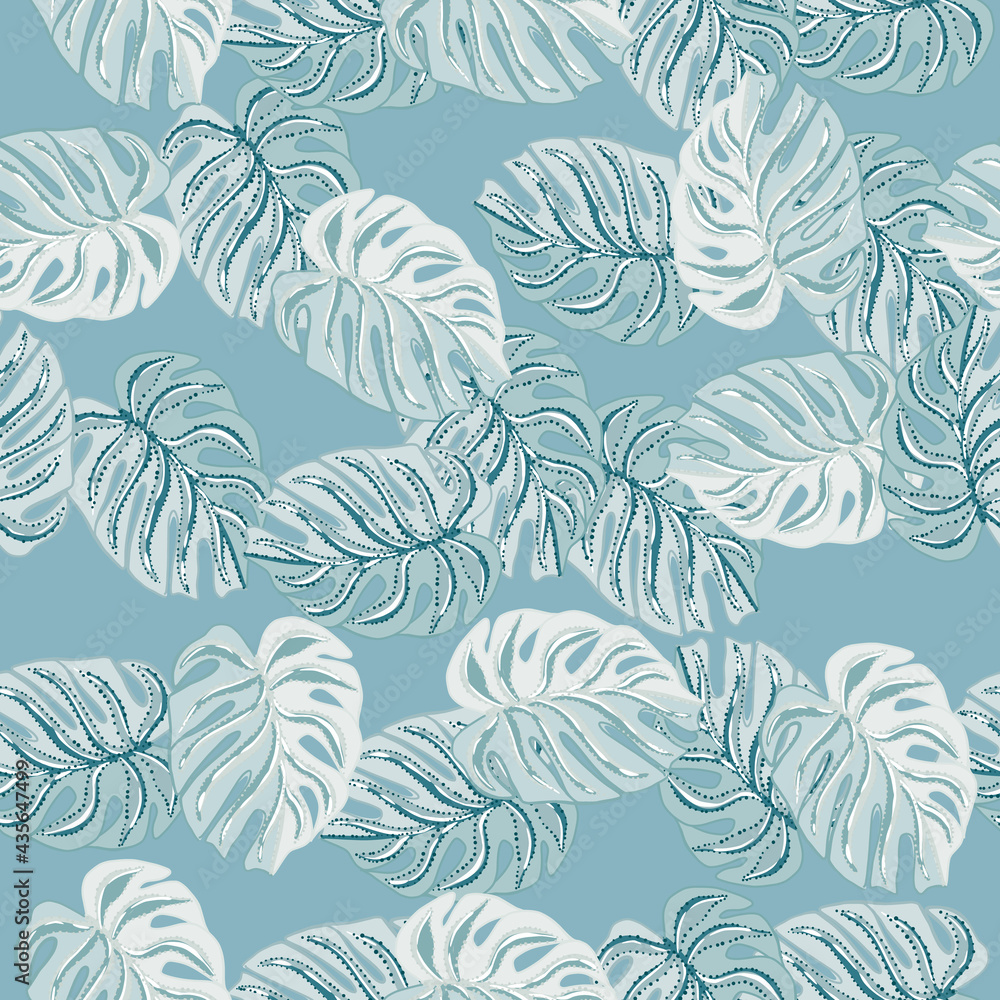 Summer season tropical seamless pattern with doodle monstera leaf shapes. Blue palette artwork.