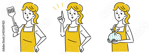 エプロンをした女性のポーズイラスト素材セット