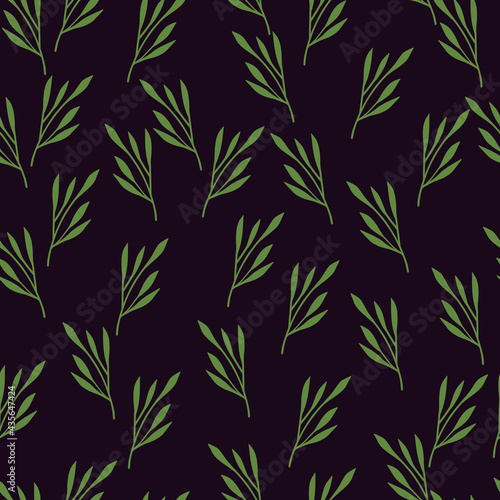 Random green leaf branches seamless pattern. Contrast little ornament style. Black background.