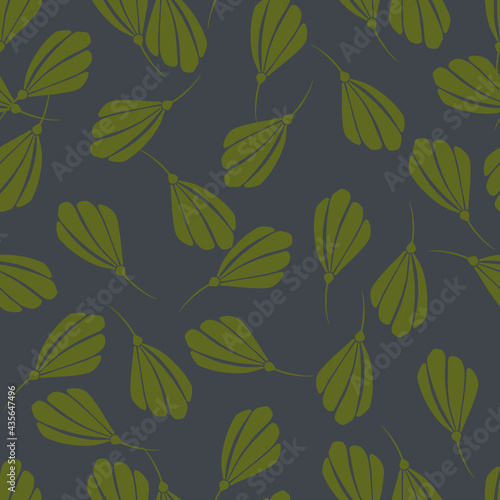 Dark floral seamless pattern with random green flowers silhouettes ornament. Navy blue background.