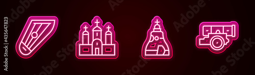 Set line Kankles, Church building, The Tsar bell and Cannon. Glowing neon icon. Vector