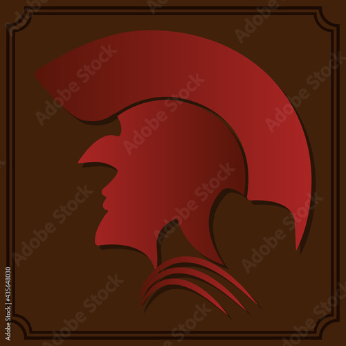 A simple icon of the head of an ancient Roman legionary with a helmet. Red icon on brown background with border