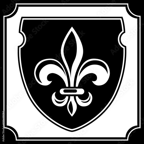 The family coat of arms is a seal in the form of a shield with a fleur-de-lis. White heraldic lily on a black shield