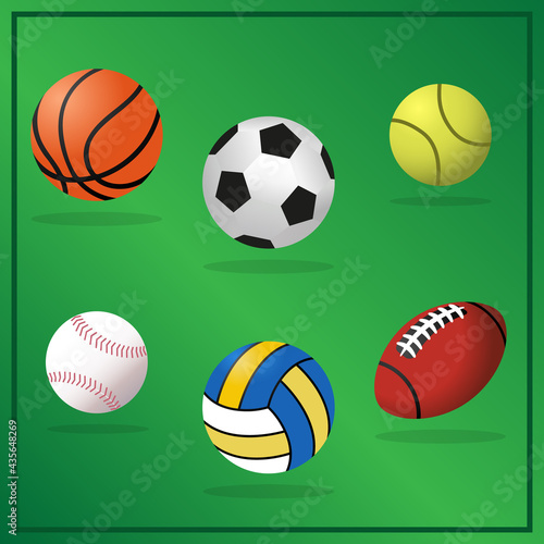Sports balls icons set. Balls simple icons on green background