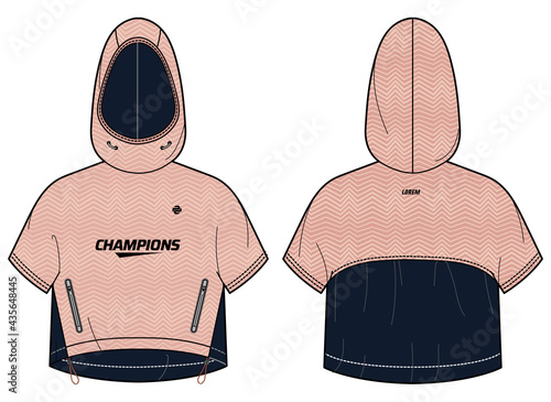 Women short sleeve sleeve Anorak Hoodie jacket design template in vector, popover Hooded jacket with front and back view, windcheater winter cropped jacket for girl and women for winter.