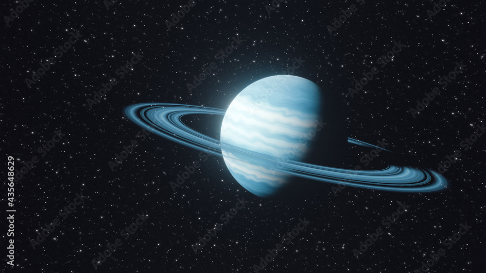 Blue gas planet with rings in the middle of the cosmos. Science fiction scene. 3D Rendering Blue gas planet with rings in the middle of the cosmos. Science fiction scene. 3D Rendering