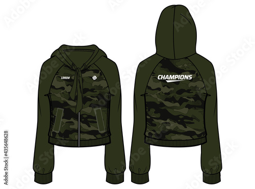 Women Long sleeve Hoodie jacket sweatshirt camouflage design template in vector, girls Hooded jacket sweater with front and back view, hooded winter jacket for ladies to Running and workout in winter