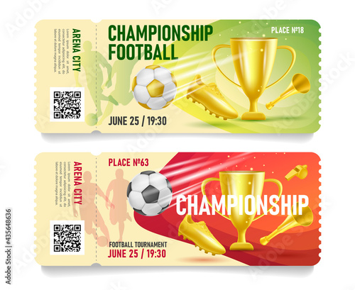 Set of football soccer game admission tickets or gift certificates with golden cup boot and horn 3d illustration