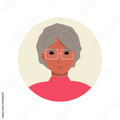 avatar is an elderly gray-haired African-American woman with glasses. An adult woman, a little dog. Cute character for social advertising. Profile for chatbot, forum, support. Vector illustration