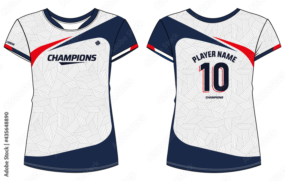 Women Sports Jersey round neck t-shirt design concept Illustration suitable  for girls and Ladies for Volleyball jersey, Football, badminton, Soccer,  netball and tennis, Sport uniform kit for sports Stock Vector