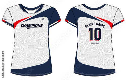 Women Sports Jersey round neck t-shirt design concept Illustration suitable for girls and Ladies for Volleyball jersey, Football, badminton, Soccer, netball and tennis, Sport uniform kit for sports