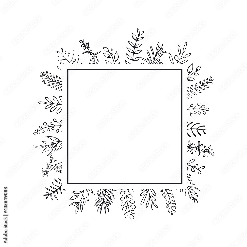 floral hand drawn farmhouse style outlined twigs branches square frame black and white  background