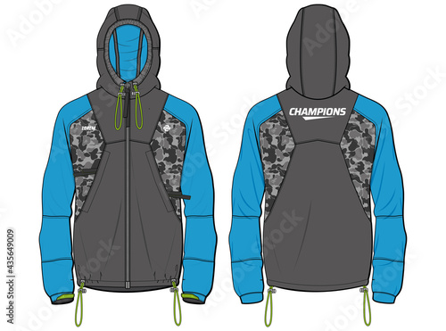 Long sleeve Anorak Hoodie jacket design template in vector, popover Hooded jacket with front and back view, windcheater winter jacket for Men and women. for training, Running and workout in winter.