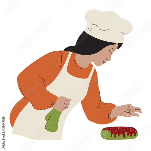 Confectioner. Cooker. Person making desserts, adding sugar powder to cake. Hobby and occupation. Cooking process.