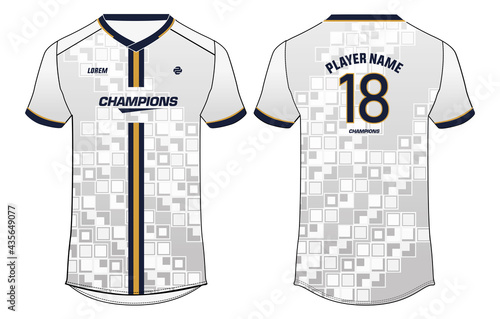 Sports t-shirt jersey design concept vector template, v neck Football jersey concept with front and back view for Soccer, Cricket, Volleyball, Rugby, tennis, badminton uniform kit