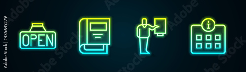 Set line Hanging sign with Open, History book, Museum guide and Information. Glowing neon icon. Vector