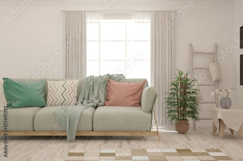 White living room with sofa. Scandinavian interior design. 3D illustration