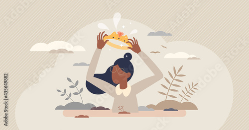 Empowerment and woman hero courage for feminism movement tiny person concept. Self encouragement to fight for gender equality and female solidarity vector illustration. Determination and appreciation.