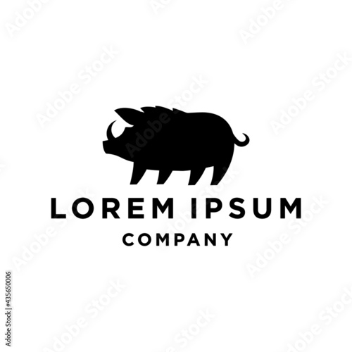 black pig, warthog hog logo icon vector illustration, mascot cartoon design of wild boar with tusk